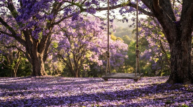 A serene wooden swing hanging from a blooming jacaranda tree in a picturesque park during spring