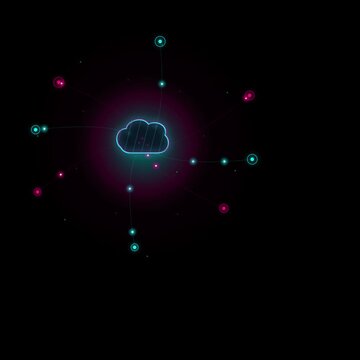 Abstract digital cloud computing network concept with glowing nodes and connecting lines on a dark background