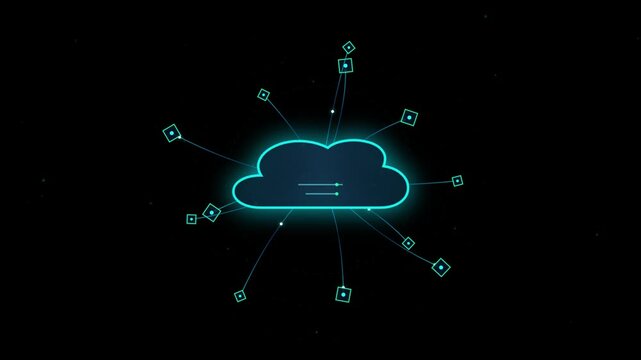 Digital cloud computing network connection with glowing nodes and lines on a dark background