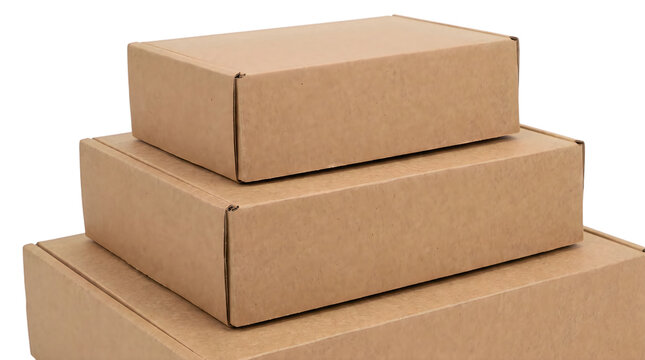 Cardboard mailing boxes stacked for shipping. Brown corrugated paper packaging for delivery. Recycled parcel containers for retail logistics. isolated PNG with Transparent Background
