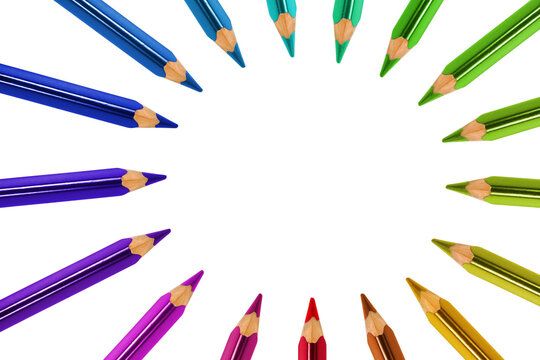 Colorful pencils arranged in a circle create a vibrant display for art and creativity isolated on transparent background, PNG file
