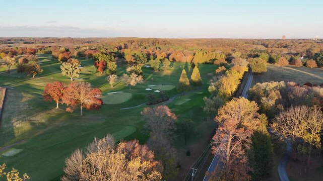 Aerial View of a Residential Neighborhood Near a Golf Course in Greenville, Delaware in Autumn 
