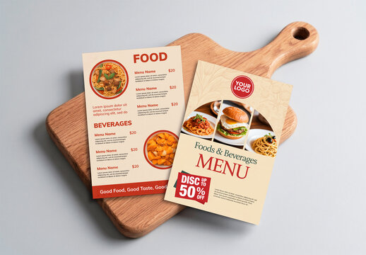 Food Menu Flyer Mockup on Wooden Board