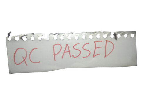 A torn piece of paper with the handwritten text qc passed in red ink isolated on transparent background