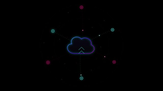 Neon cloud icon with connecting nodes in a circular network pattern on a black background