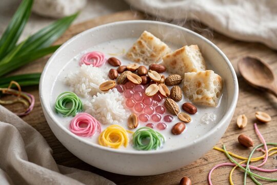 Traditional Indonesian Wedang Angsle Malang Sweet Soup with Colorful Noodles and Coconut Milk