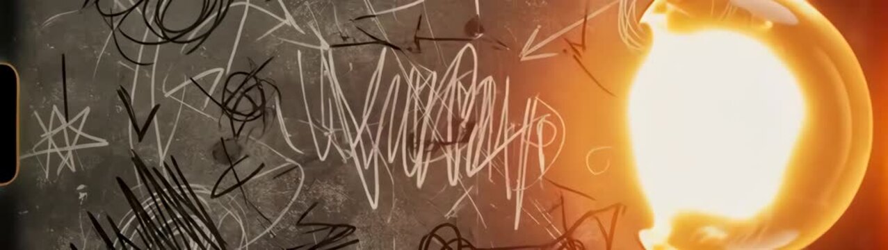Creative brainstorming and mental chaos concept hand drawn white chalk scribbles and arrows on a dark textured blackboard background vintage film frame overlay.