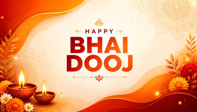 Happy bhai dooj greeting card design with traditional oil lamps and marigold flowers against abstract orange background