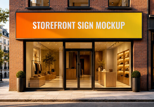 Frontal Storefront Sign Mockup on Brick Building Facade