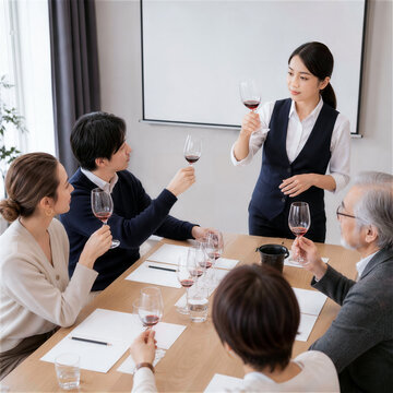 講師と成人受講者4人がワインを比較する明るいテイスティング講座