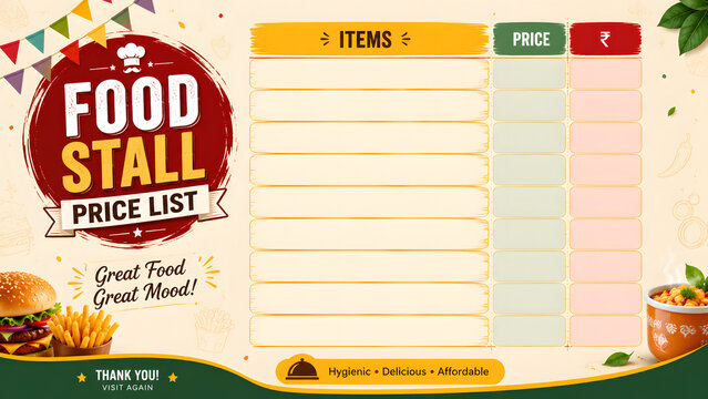 Food Stall Price List Template with Burger and Fries Illustration