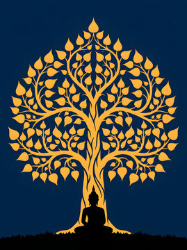 Golden bodhi tree silhouette illustration with meditating figure underneath