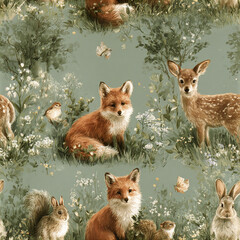 Fototapeta premium Fox deer squirrel rabbit bird butterfly woodland pattern with soft green background and delicate flowers
