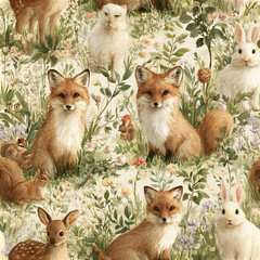 Fototapeta premium Fox rabbit deer squirrel woodland pattern with flowers and plants in soft natural colors creating sweet cottagecore feel