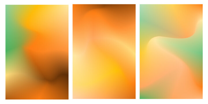 Set of 3 warm sunset gradient abstract background for social media. Orange, yellow, peach fluid shapes banner vector.