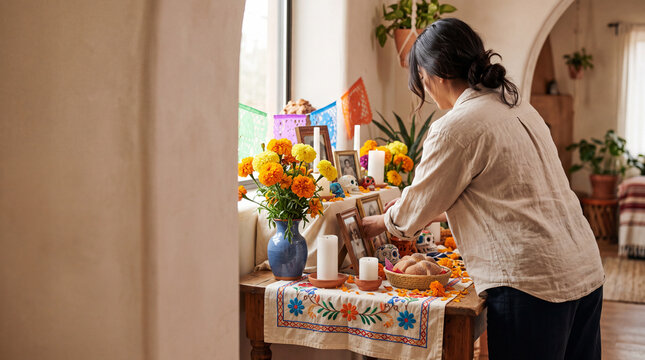 Woman arranging family photos on Day of the Dead ofrenda table