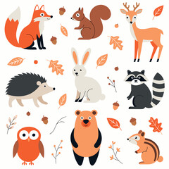 Naklejka premium Cute Autumn Woodland Animals Icon Set