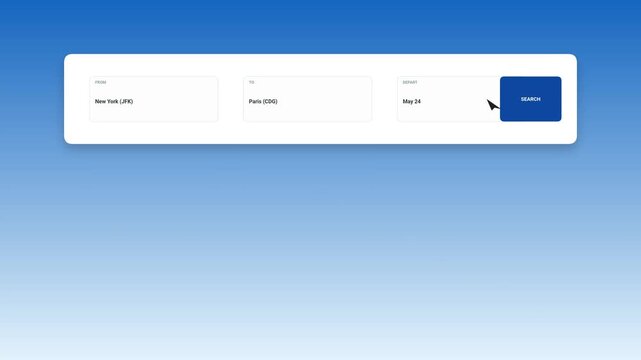 Flight Search Engine Interface Animation Showing Travel Booking Process With User Input Selection And Results Display For Online Ticket Reservation