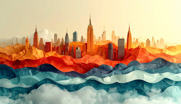City skyline built from layered paper planes standing one behind other in flatter tones with low mist between in surreal collage generative AI