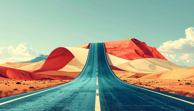 Section of road lifting from ground curling upward like peeling paper strip with lane markings along curl above flat empty land in surreal collage generative AI