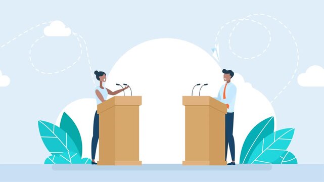 African-american man and woman speakers talking behind tribunes with microphones. Political debates, corporate conference presentation, public speaking speech, business discussion. 2d flat animation