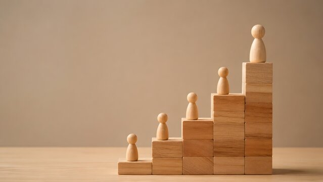 Wooden figures climbing stairs representing career growth