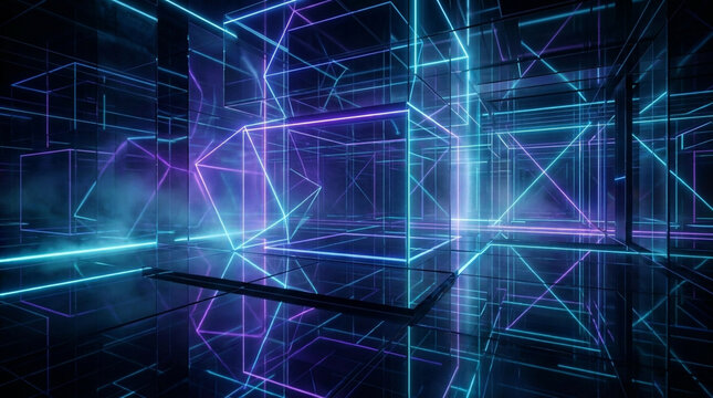 Futuristic neon geometric lines and glowing grids in a digital space