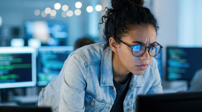Young african american female coder intently looking at computer screen with lines of code at office.
