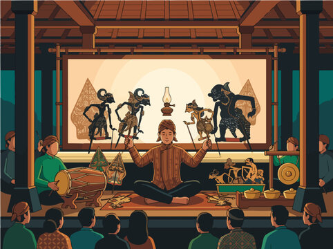 Traditional Indonesian Wayang Kulit Shadow Puppet Performance Illustration