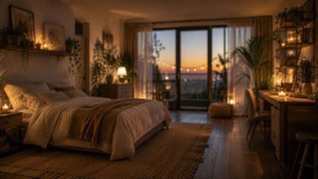 Cozy bedroom interior features a soft focus aesthetic with warm ambient lighting at dusk. A comfortable bed sits beside a wooden desk with glowing candles overlooking a sunset view.