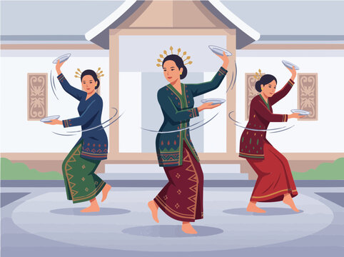 Traditional Indonesian Tari Piring Plate Dance Dancers