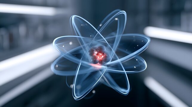 A glowing atomic model with orbiting electrons and a central nucleus  set against a modern laboratory background
