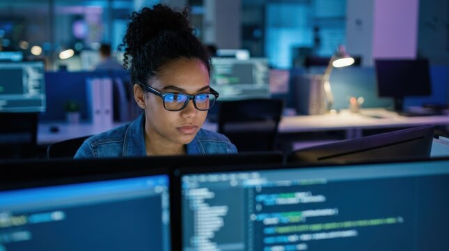 Young african american female coder working on computer with lines of code on screen at office.