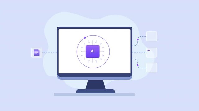 Modern flat vector animation showing a computer monitor with an artificial intelligence interface and connected data icons, representing AI technology, machine learning, automation, data analysis, and