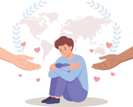 Sad young man with outstretched helping hands and a world map illustration adolescent assistance charity