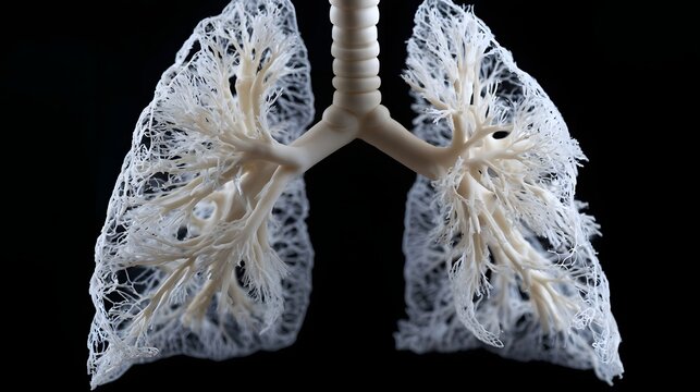 A detailed anatomical model of human lungs with branching bronchial tree structure shown against a dark background