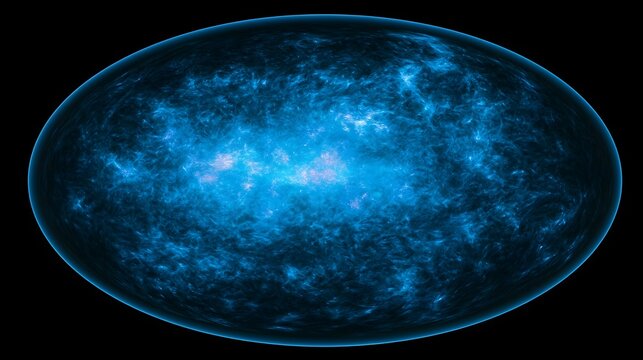 A detailed view of cosmic microwave background radiation mapped across a spherical celestial field with blue and white luminous patterns