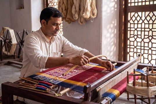 Master weaver aligning dyed silk threads on traditional Patan Patola double ikat loom