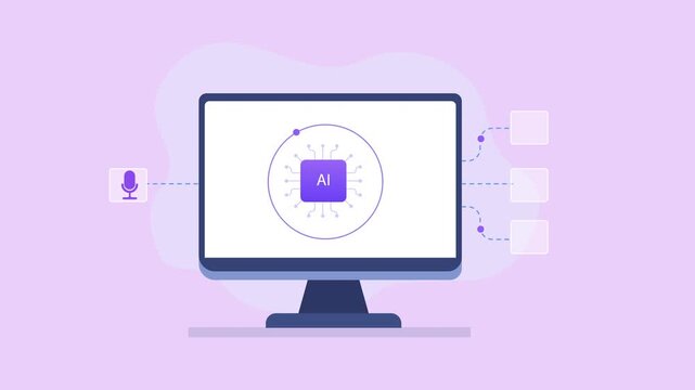 Modern flat vector animation showing a computer monitor with an artificial intelligence interface and connected microphone, document, audio, and chat icons, representing AI technology, automation, and