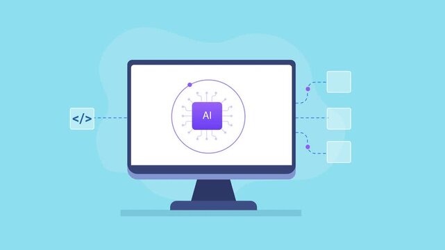 Modern flat vector animation showing a computer monitor with an artificial intelligence interface and connected coding, bug, alert, and verification icons, representing AI software security, testing, 