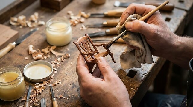 Artisan hands carving intricate wooden miniature.