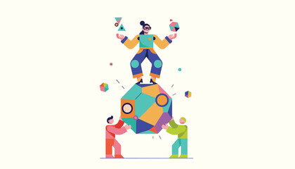 Fototapeta premium Woman using a virtual reality headset to control abstract colorful shapes while standing on a massive geometric sphere, flat vector.