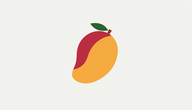 Ripe yellow and red mango fruit with a single green leaf, isolated on a light grey background in a flat vector style.