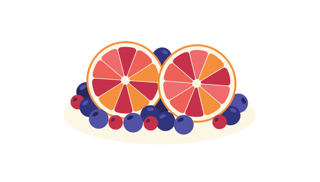 Two halves of sliced grapefruit surrounded by fresh blueberries and red cranberries on a white plate, vector illustration.
