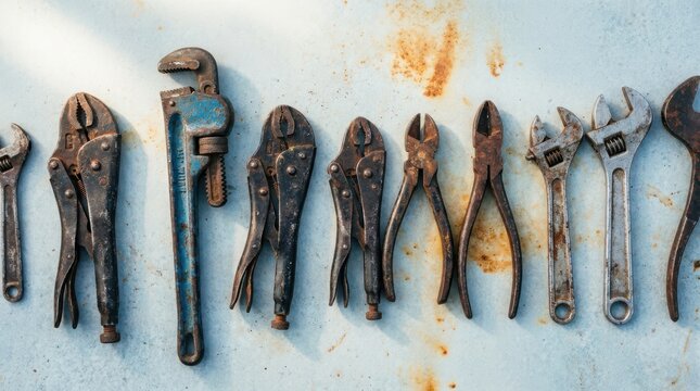 Row of vintage rusty mechanic tools on old textured metal surface used for home improvement.