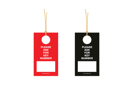 Minimal hanging key number request tags in yellow and black, isolated on white. Clean hospitality, hotel room, access control and guest service signage concept with editable copy space.