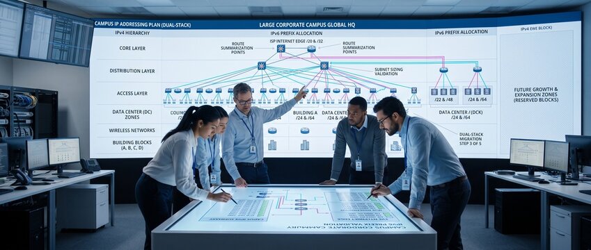 Engineering Team Validating Scalable IP Address Plan for New Business Campus