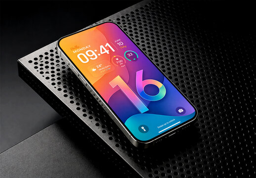 Smartphone Screen Mockup on Dark Perforated Metal Surface