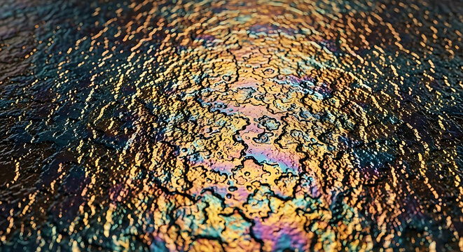 Iridescent oil slick on a dark textured surface with vibrant colorful light reflections with creates colorful pattern