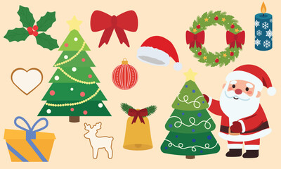 Fototapeta premium Big Christmas holiday elements set vector illustration. Flat cartoon winter icons bundle with Santa Claus, tree, wreath, candle, and presents